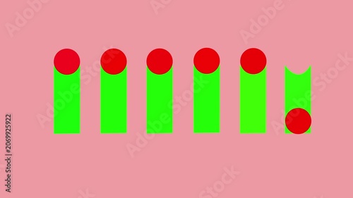 Abstract motion with red spheres and green bars on pink background, minimalist geometric animation motion geometric