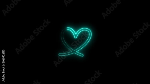 Glowing neon heart animation, minimalist cyan love symbol on black background, for romantic light