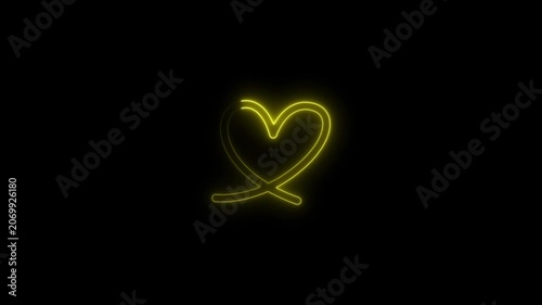 Glowing yellow neon heart line animation on black background, for romantic projects