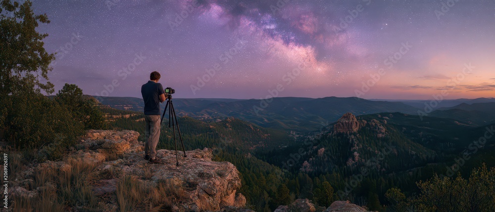 Obraz premium Photographer shooting the milky way from a rocky cliff overlooking a forested valley at dusk for landscape background and travel poster
