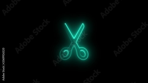 Neon scissors animation glowing teal sign on black background