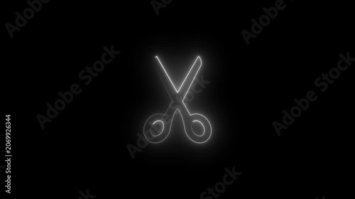 Glowing neon scissors animation on black background, for creative and, editing concepts