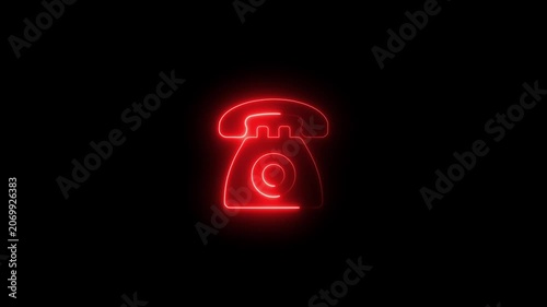 Glowing red neon telephone animation on black background, sign symbol