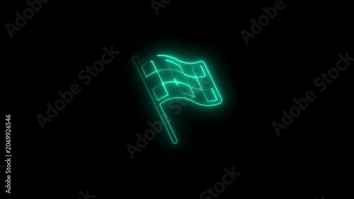 Neon checkered finish line flag animation, glowing racing symbol for sports and competition checkered flag