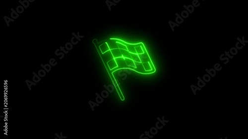 Neon green checkered racing flag animation, glowing finish line symbol on black background, checkered flag