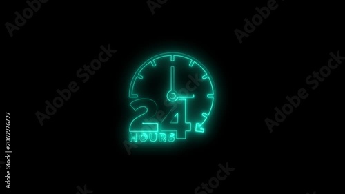 24 hours neon sign glowing animation, continuous service concept, business availability light