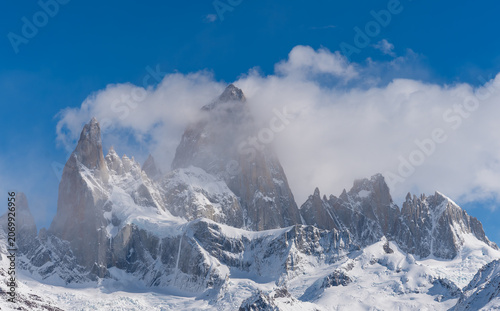 a close up shot of monte fitz roy from mirador del fitz roy on an autumn morning at los glaciares national park in patagonian argentina