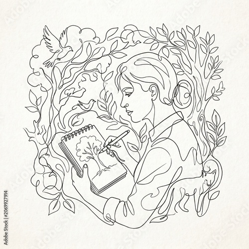 Woman drawing in a sketchbook surrounded by leaves.