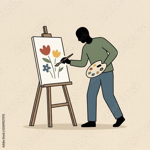 Man painting flowers on canvas art.