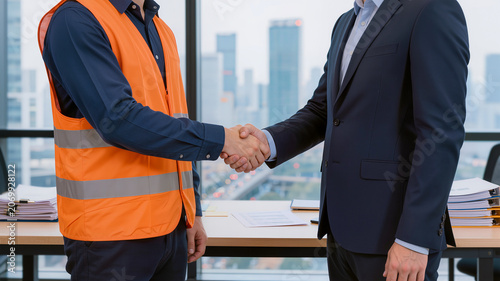 Finalizing Construction Works: Businessman and construction supervisor shaking hands after a successful site inspection.