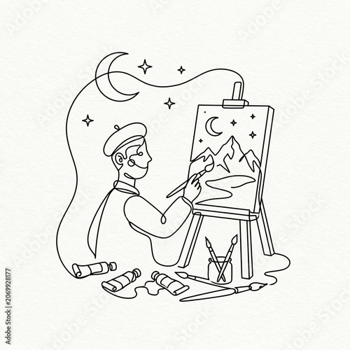 Artist painting a mountain landscape.