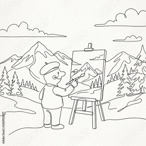 Artist painting mountain landscape on easel.