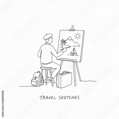 Artist painting travel sketches on canvas.