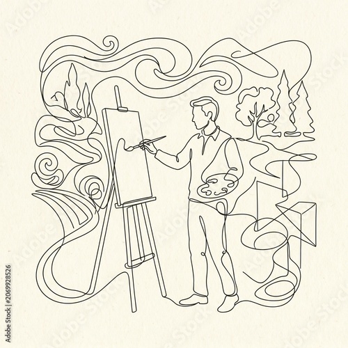 Man painting on an easel indoors.