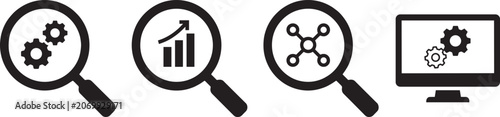 Collection of graphic icons representing data analysis and business processes using magnifying glasses and computer screen displays