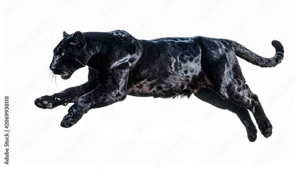Fototapeta premium Black leopard running fast on white background.