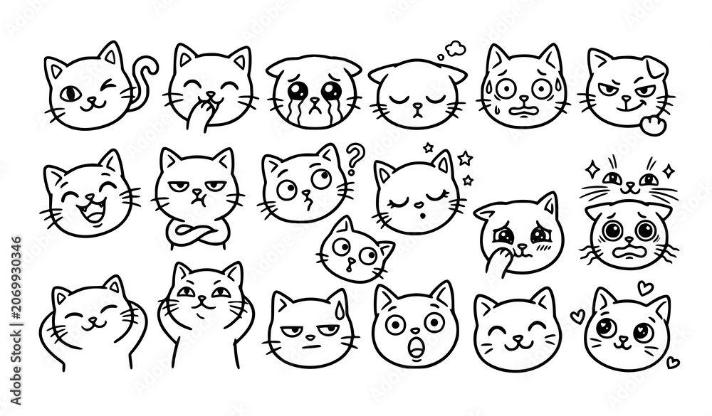 Fototapeta premium Hand Drawn Cute Cat Emotion Doodles Collection with Funny Cartoon Facial Expressions Vector Icons