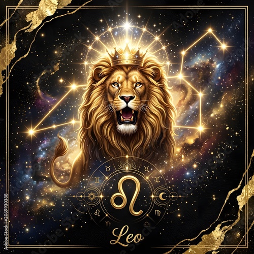 Luxury Leo Zodiac Sign with Majestic Golden Crowned Lion in Cosmic Galaxy Background – Astrology Horoscope Illustration. 