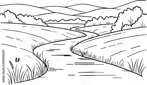 Tableau sur toile Winding River Landscape Drawing, Nature Scene, Rural Countryside