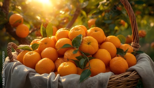 Wicker Basket Overflowing with Freshly Picked Oranges in a Sunlit Citrus Orchard