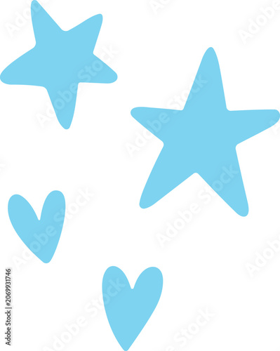 Vector of scattered blue star silhouette collection, minimalist hand drawn celestial shapes and cute small hearts, flat isolated romantic magic design layout asset doodle element
