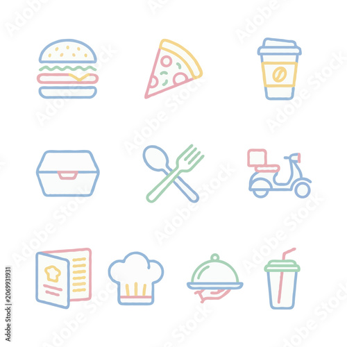 Food delivery icons set, fast food and restaurant symbols