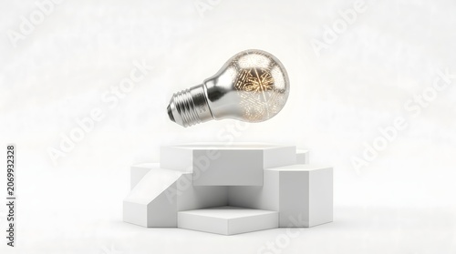 Glowing light bulb with sprouting plant inside on white pedestal minimalist concept