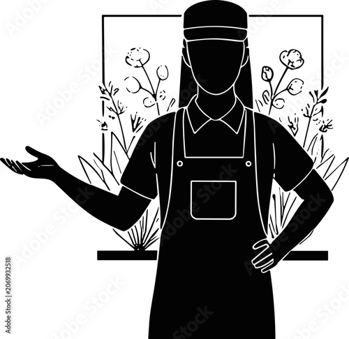 Gardener silhouette presenting flowers, person in overalls and cap, outdoor scene