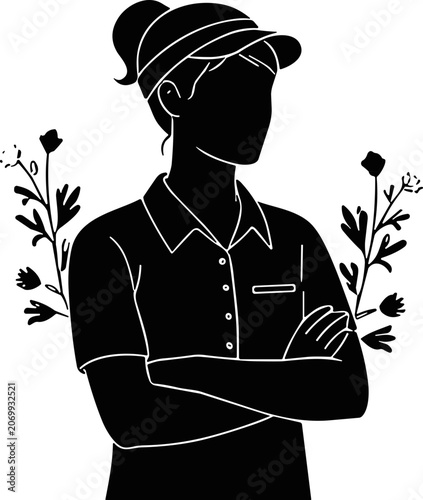 Silhouette of a woman in a visor and collared shirt with floral accents