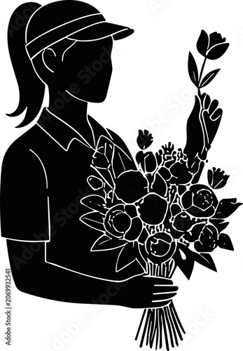 Woman holding bouquet of roses, silhouette, florist, gift, love, celebration