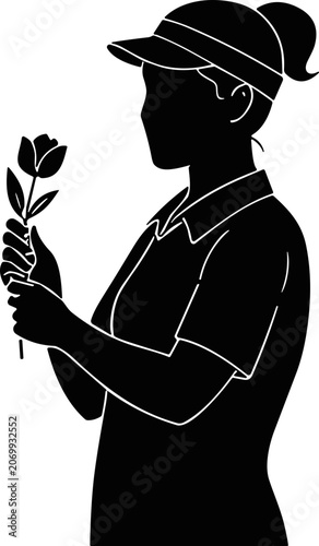 Silhouette woman in cap holding a rose, enjoying its scent