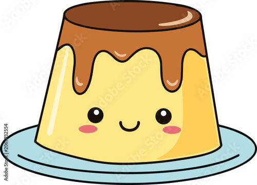Cute Cartoon Pudding with Caramel Sauce and Smiling Face