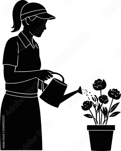 Silhouette of a woman watering potted flowers with a watering can