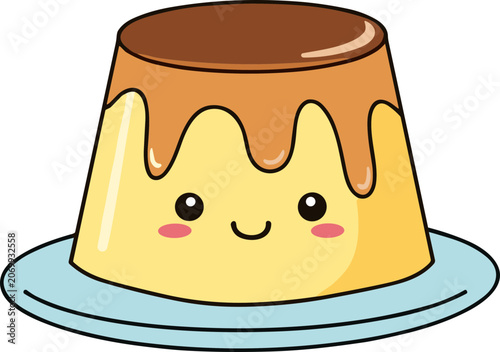 Cute Kawaii Caramel Pudding Dessert with Smiling Face