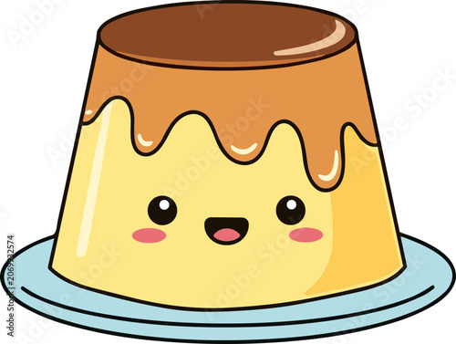 Cute Cartoon Pudding Dessert with Caramel Sauce and Happy Face