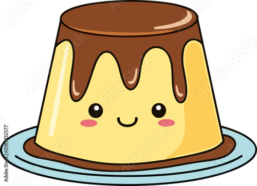 Cute cartoon flan dessert with chocolate sauce and happy face