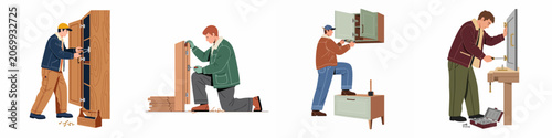 Foto Illustrations of professional handymen and carpenters assembling, installing, and repairing wooden furniture such as cabinets and cupboards using various tools