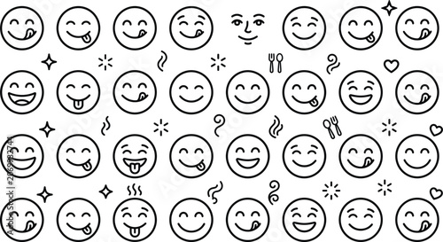 Фотография Yummy emoji and licking tongue face line icon set featuring delicious food flavo