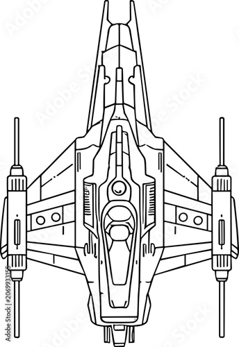 Foto Futuristic Starfighter Blueprint, Top View Line Art Sci-Fi Spaceship Design
