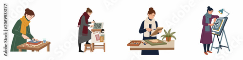 Fotografie Flat illustration set of female artists practicing various printmaking techniques like linocut and woodblock printing in their studio workshops