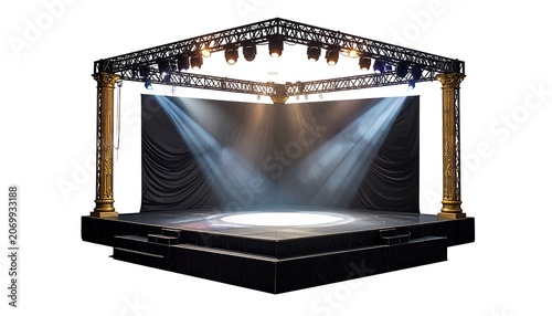 A stage with pillars, lights illuminating a dark backdrop, and an open top