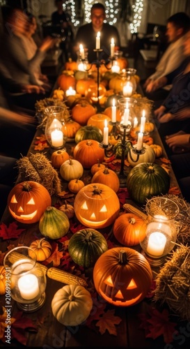 Halloween Dinner Party with Jack-o-Lanterns and Candles.