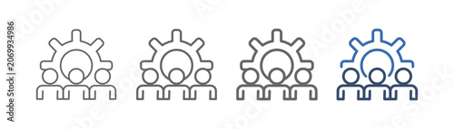 
outline icon set team support with gear and three people design
