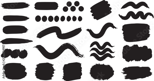 Photos A versatile set of hand-drawn black brush strokes, abstract shapes, wavy lines, and textured marks on a clean white background, ideal for artistic accents and decorative graphic design