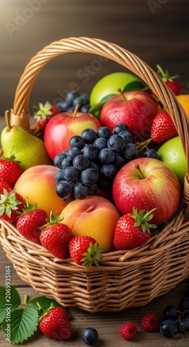 Abundant Wicker Basket Filled with Fresh, Ripe, and Colorful Fruits on a Rustic Wooden Table.