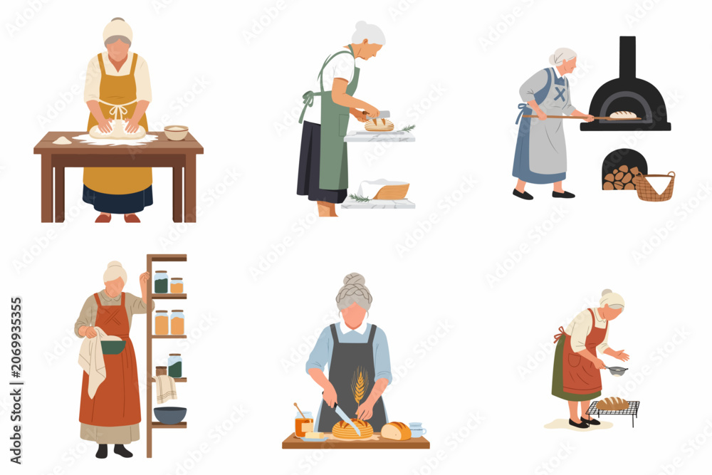 Fototapeta premium Collection of flat vector illustrations featuring elderly women baking artisan bread, kneading dough, and using a traditional wood-fired oven.