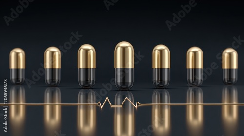 Elegant Capsules on Dark Surface with Heartbeat Line Pulsing in the Background for Health and Wellness Concept