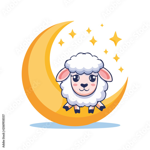 Cute cartoon sheep with crescent moon and stars