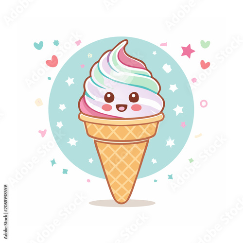 Cute Kawaii Ice Cream Cone with Soft Serve Swirl