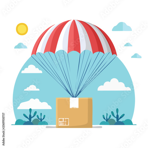 Parachute delivery box with flat illustration style
